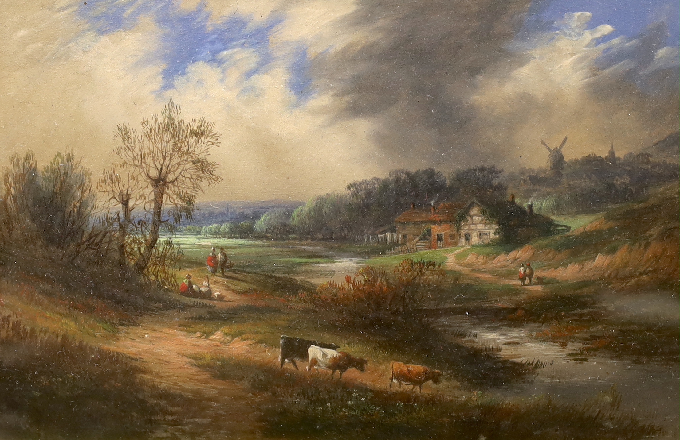 19th century Continental School, oil on board, River landscape with cattle, unsigned, 19 x 30cm, housed in an ornate gilt frame